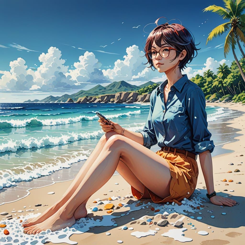 Anime Beach Scene: Nerdy Woman Relaxing