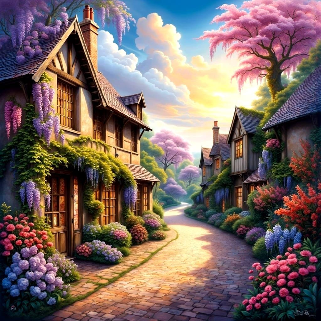 Surreal Cotswolds Village Scene with Wisteria and Vine-Drape...