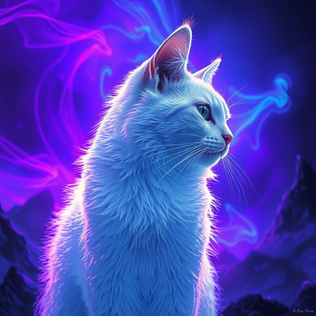 Majestic White Cat Under Blacklight in Dreamlike Neon Landsc...