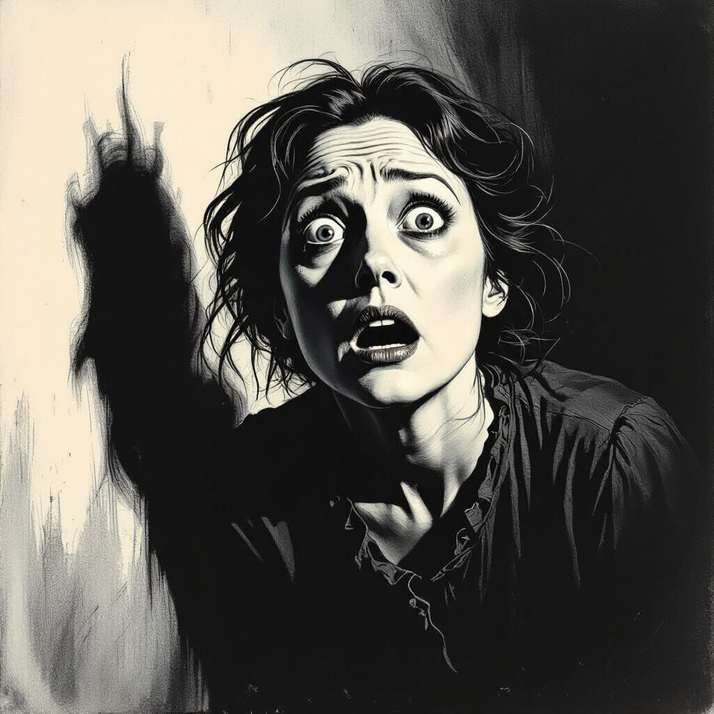 Woman's Terror at Monstrous Apparition in Dramatic Lighting