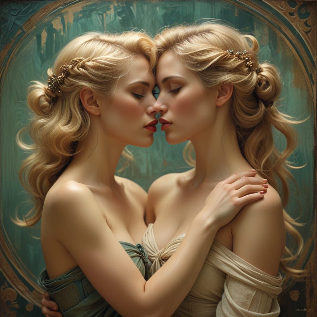 1950s Pin-Up Women in Passionate Embrace, Oil Painting Style