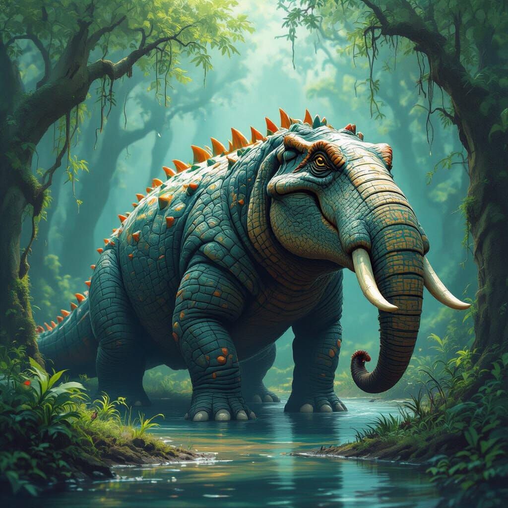 Mystical Alligator-Elephant Hybrid in a Vibrant Forest
