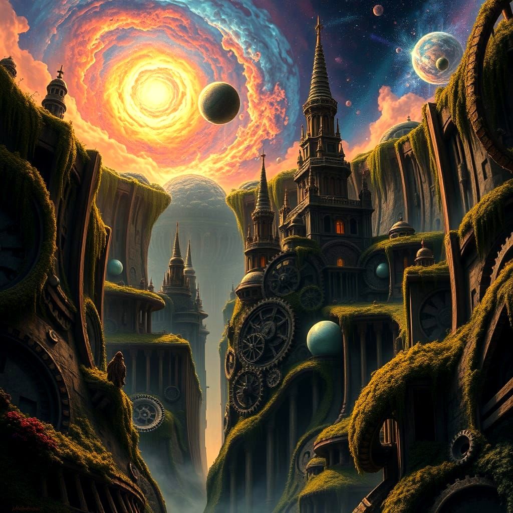 Clockwork City in Crater with Cosmic Sky