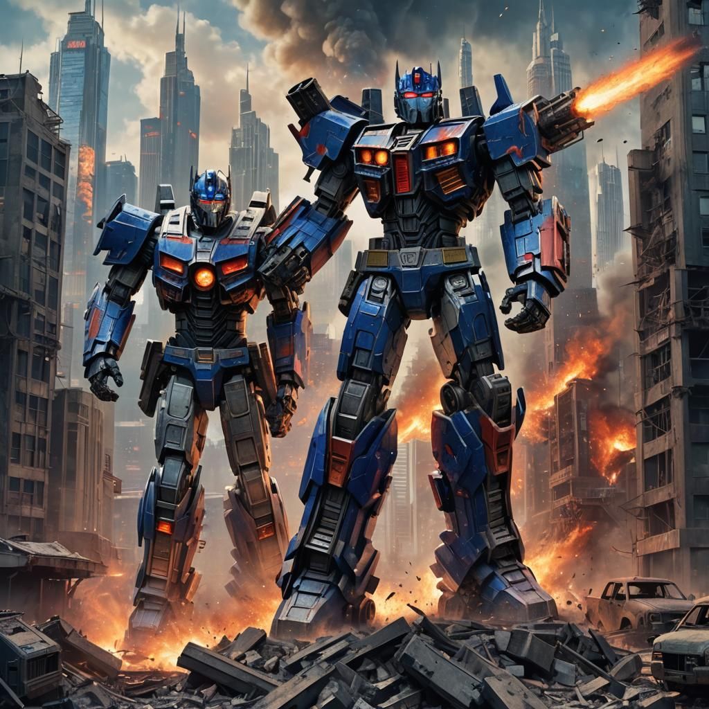 Optimus Prime in War-Torn Cityscape