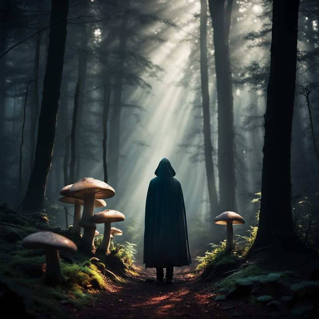 Mysterious Figure in a Glowing Mushroom Forest