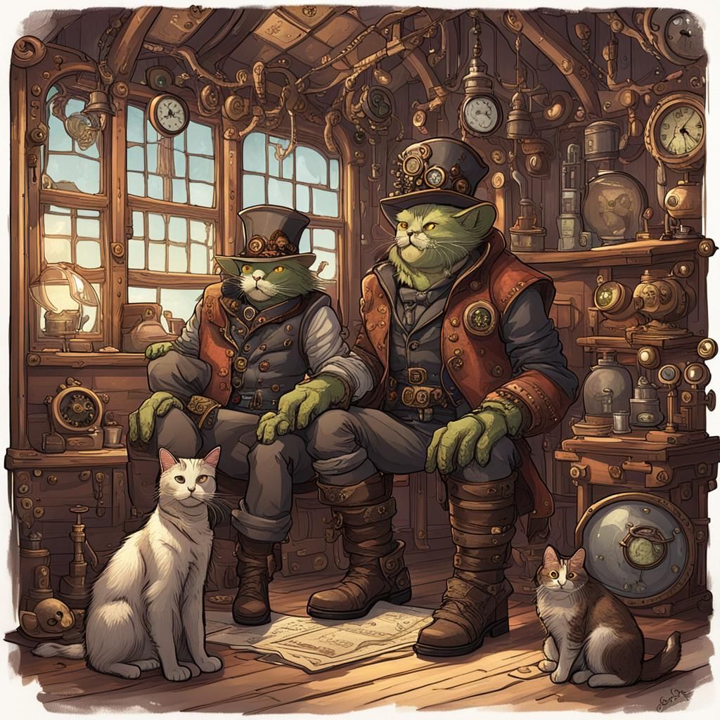 Orc Couple with Cat in Steampunk Home