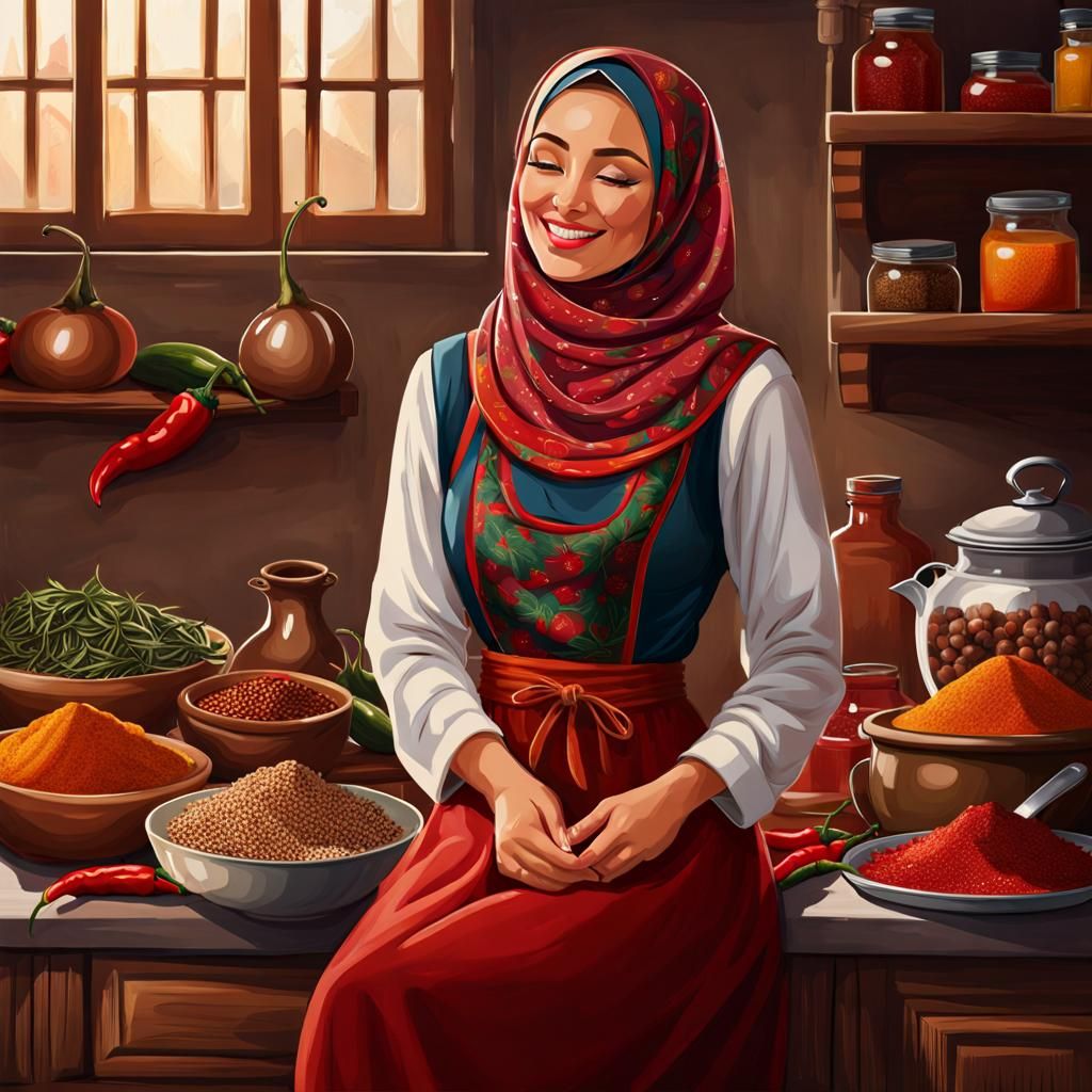 Beautiful Turkish Woman in Kitchen with Spices