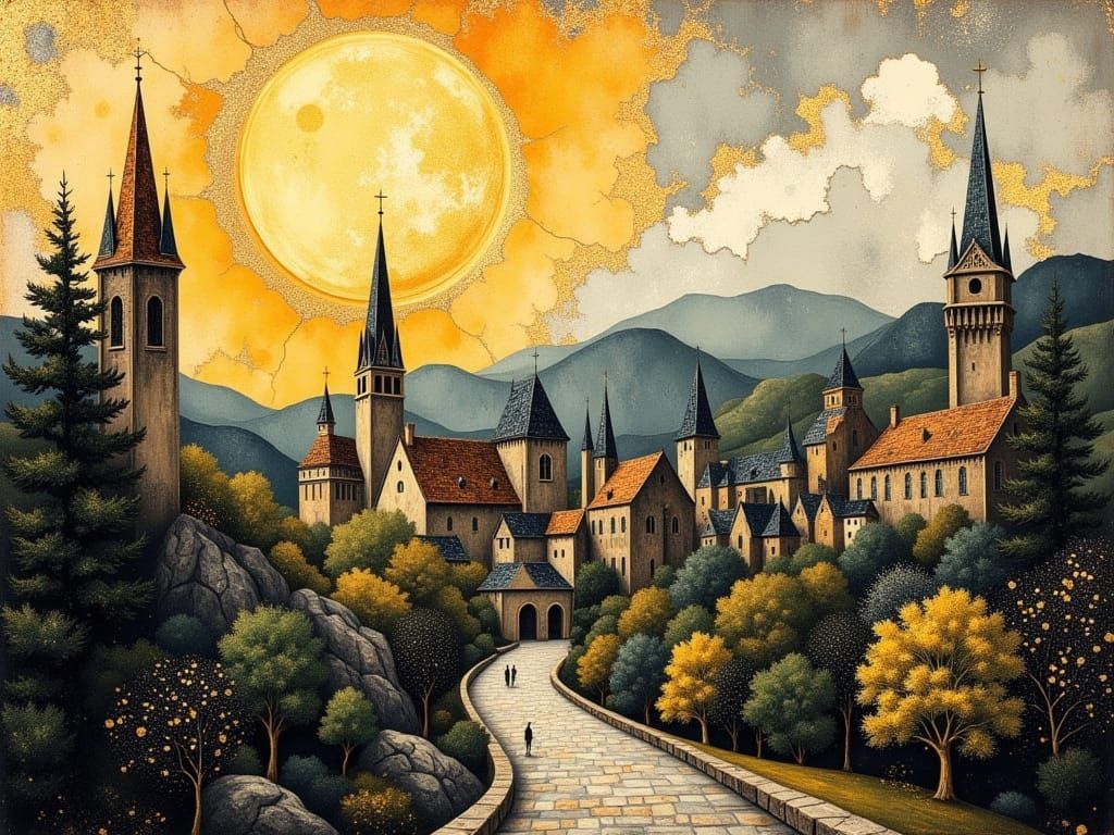 Romantic Medieval Village in Golden Light