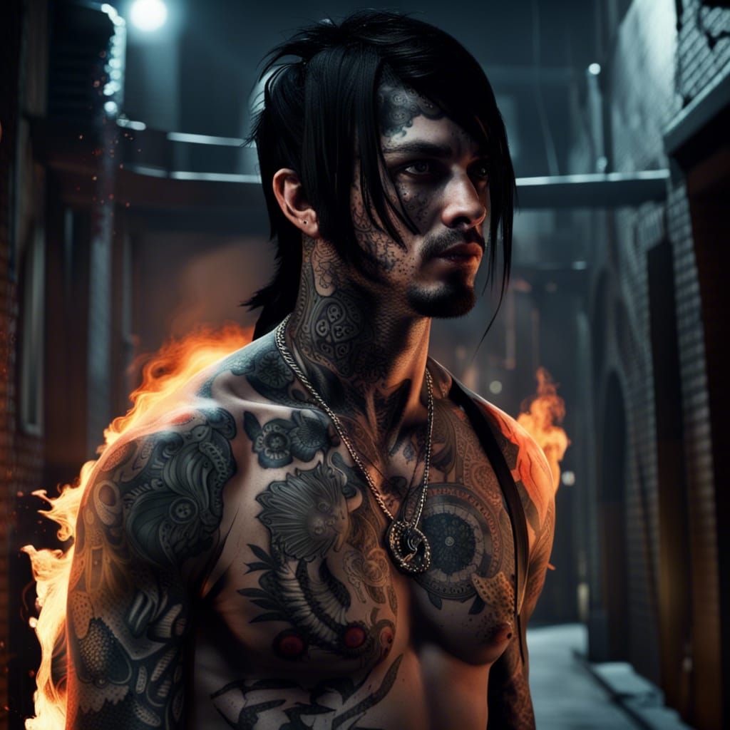 Realistic Close-Up of Tattooed Assassin in Dark Alley