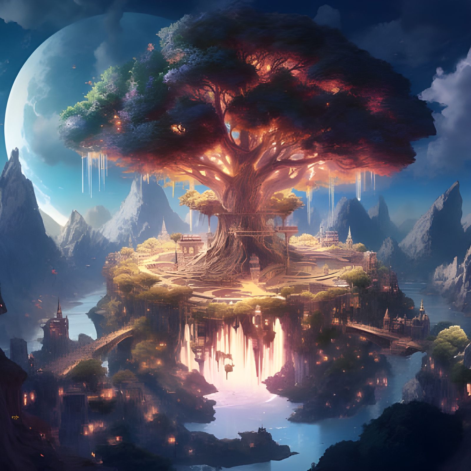 Utopic Holy City on Flying Islands with Colossal Tree