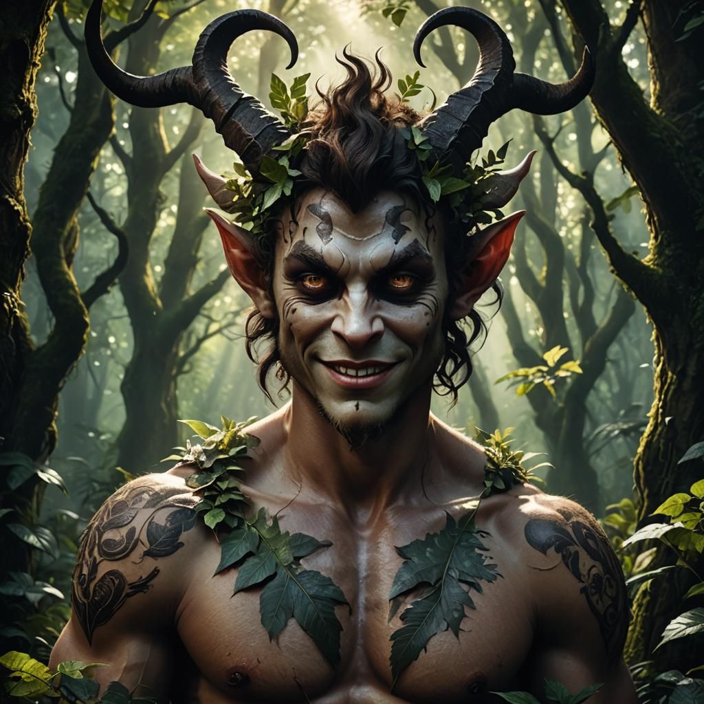 Enchanted Satyr in a Vivid, High-Contrast Forest Scene