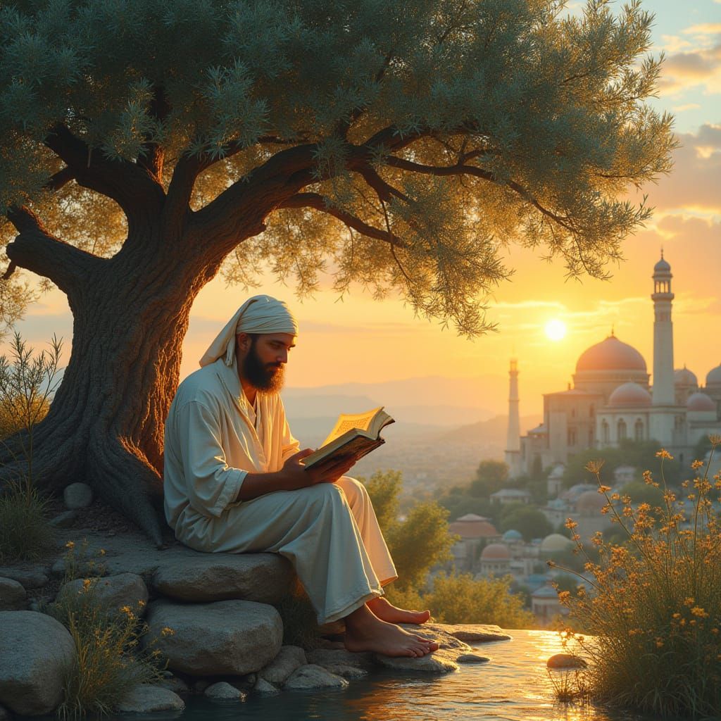 Muslim Scholar Reading Under Olive Tree in Islamic Art Style