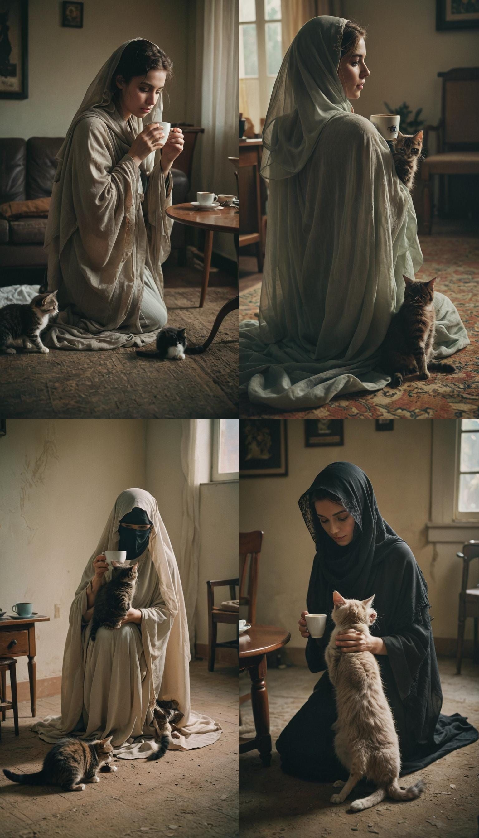 Veiled Woman's Coffee Break with Kitten: Cinematic Still