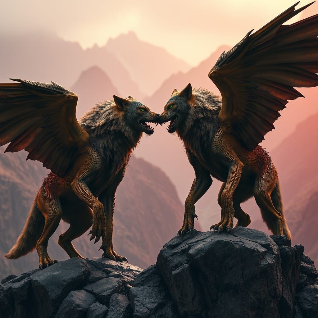 Golden Reptilian Wolves Confront on Crimson Cliffside