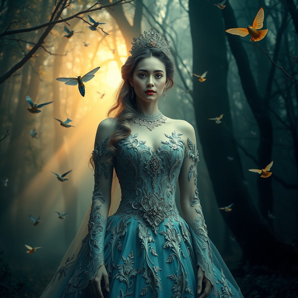 Regal Woman in Aurora Gown Amidst Mystical Forest