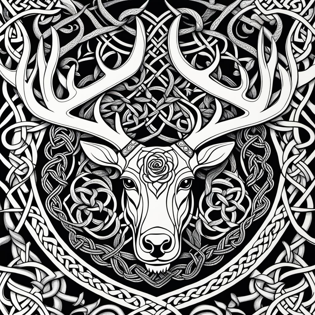 Celtic Knotwork Antlers Coloring Page in Art Nouveau Style