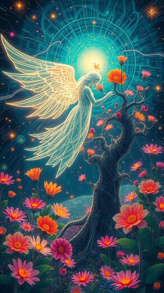 Bioluminescent Angel in Futuristic Cyberpunk Garden