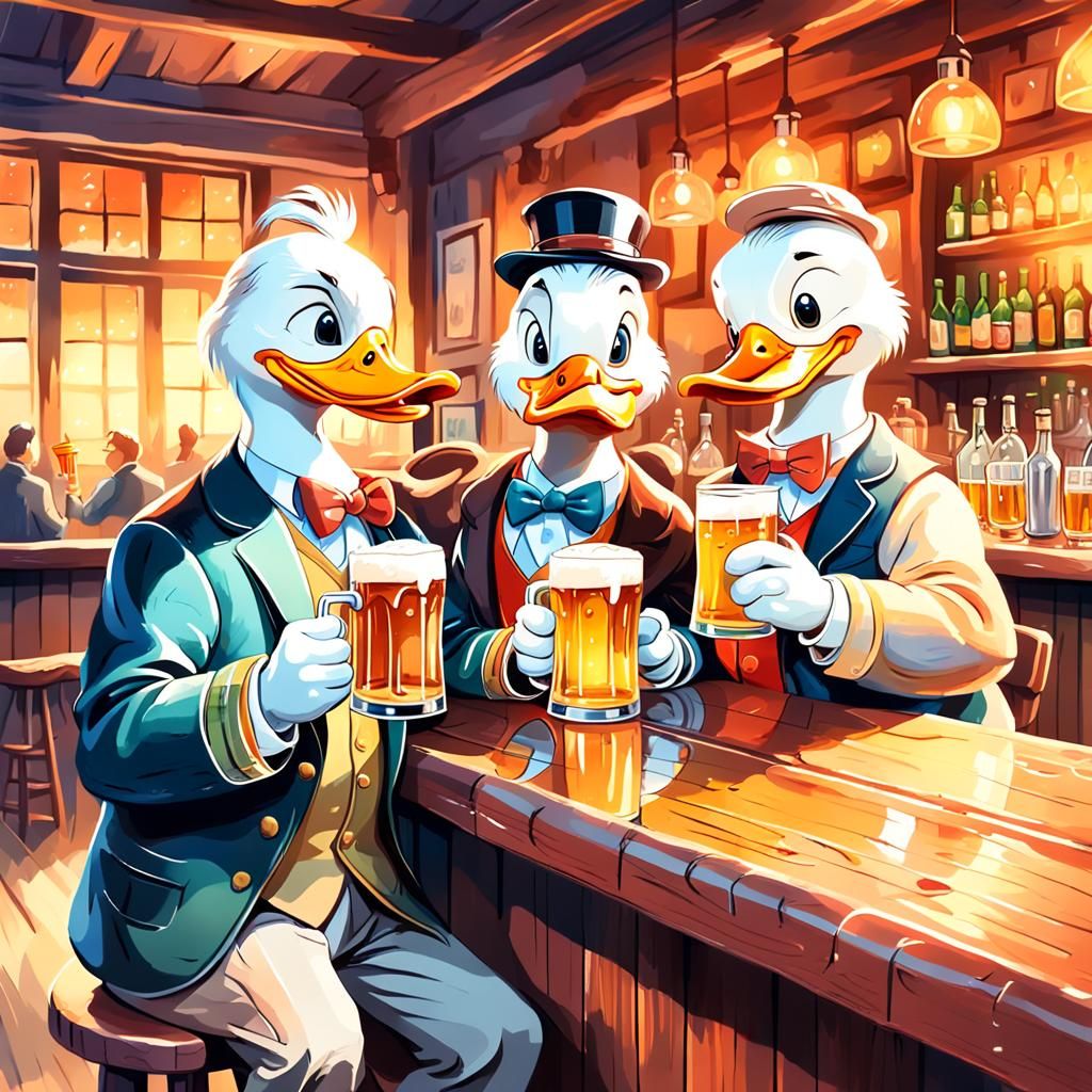 Ducks Toasting at Bar in Watercolor Cartoon Style