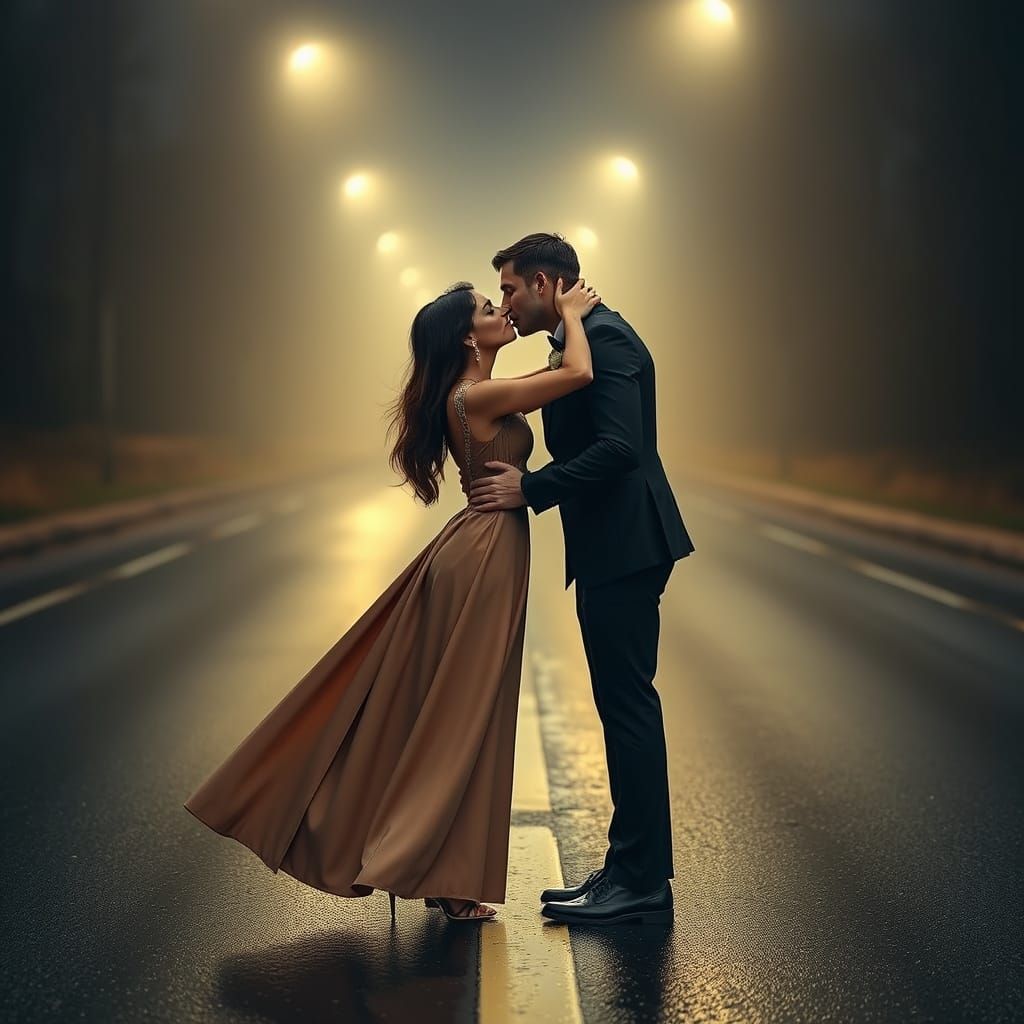 Passionate Kiss in Rainy Street, Dreamy Digital Art