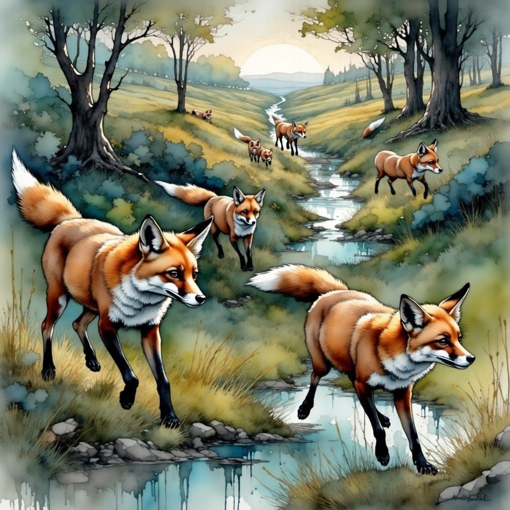 Foxes Running Wild in Lush Meadow, Painterly Style