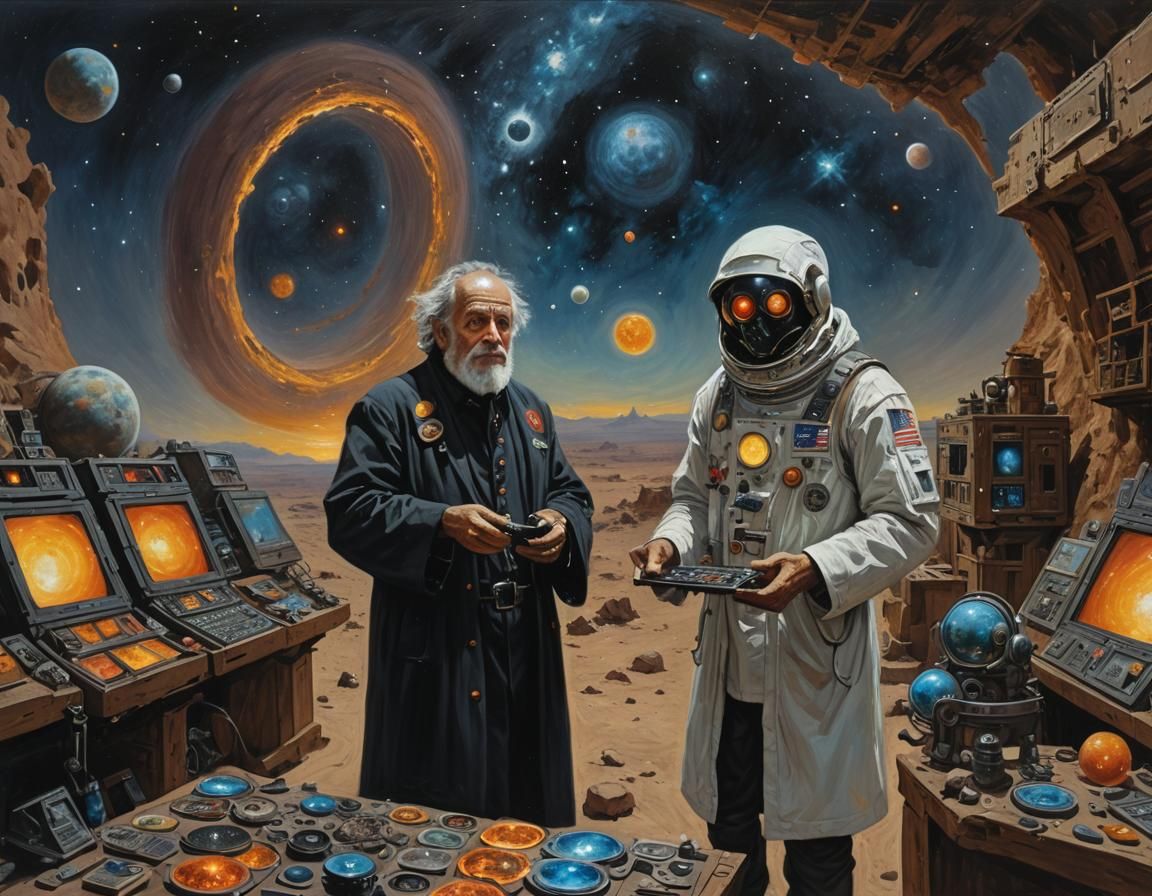 Cosmic Merchant Selling Black Holes: Oil Painting