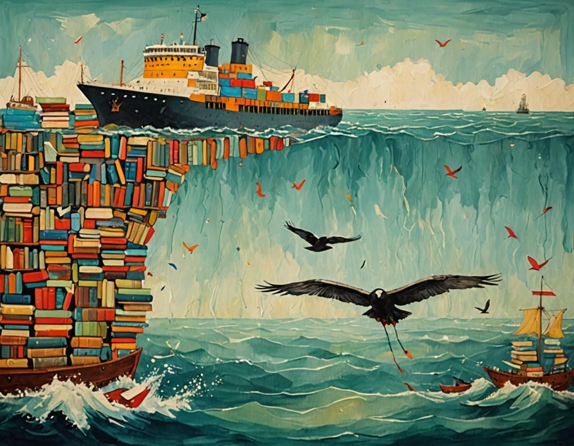 Bird Flying Towards Book Ship: Abstract Art