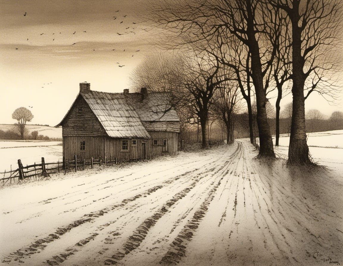 Winter Farmhouse Landscape in Etching Style