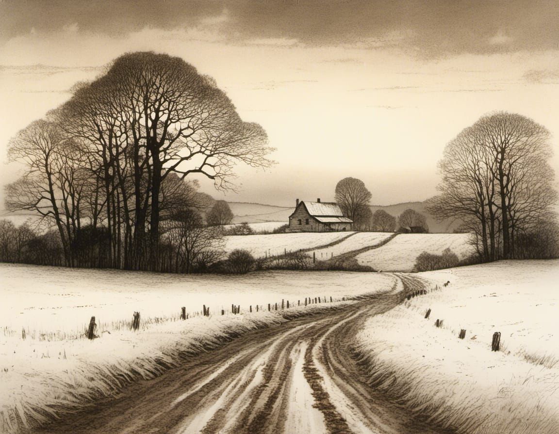 Snowy Evening Landscape with Old Farmhouse