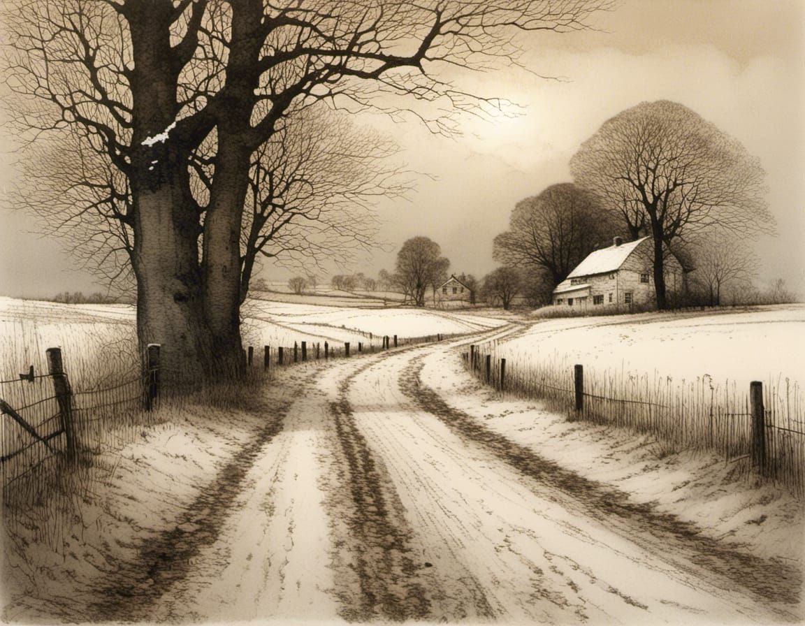 Rustic Countryside Scene at Snowfall