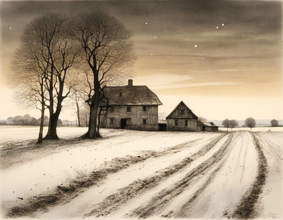 Evening Landscape with Farmhouse and First Snow as Etching