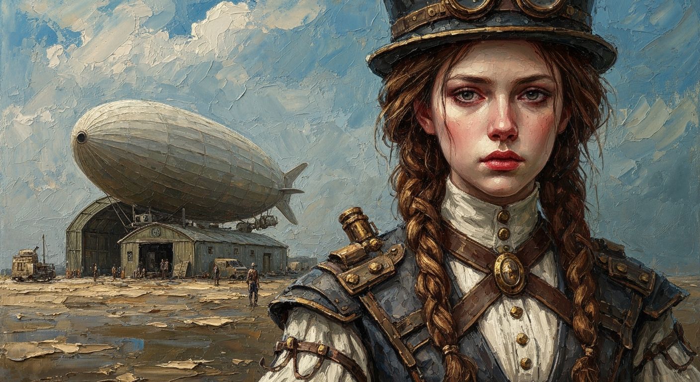 Sad Young Woman in Victorian Steampunk Attire, Impasto Oil P...