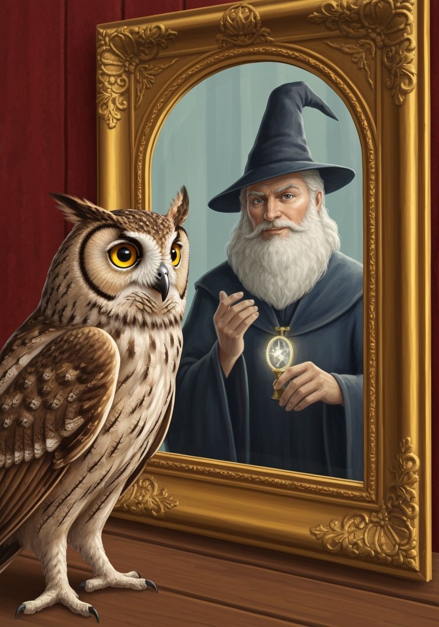 An owl looks at himself in a gilt framed mirror, the reflect...