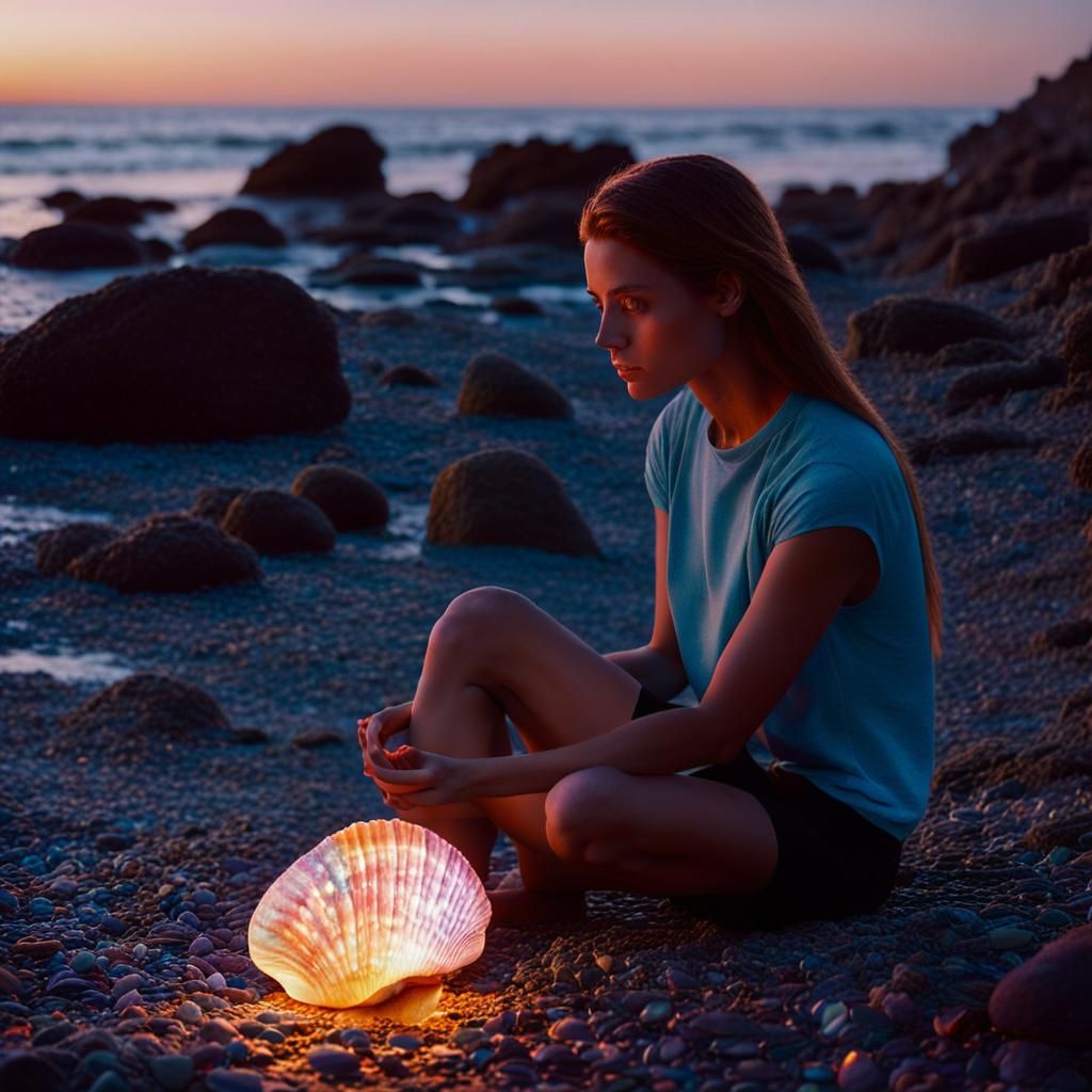 Vibrant Surrealist Beach Scene with Iridescent Seashell