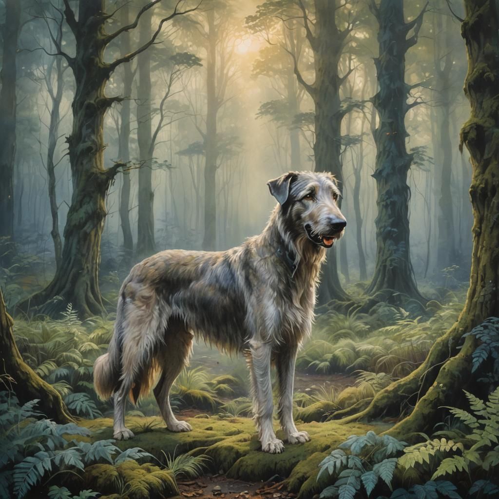 Wolfhound in Mystical Forest Gouache Painting