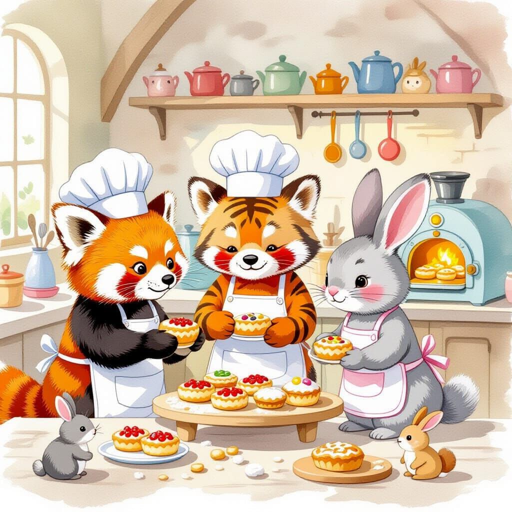 Animals Baking Pastries in Watercolor Bakery