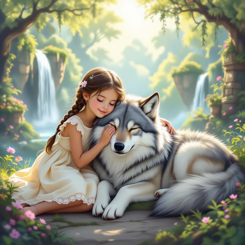 Girl and Shadow Wolf in Magical Fantasy Landscape