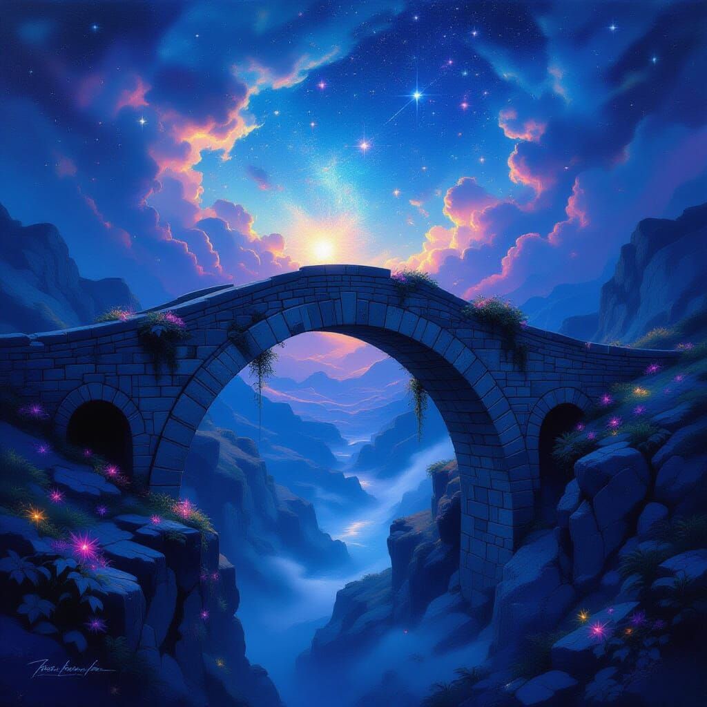 Cosmic Bridge Over Nebula Chasm in Impressionist Style