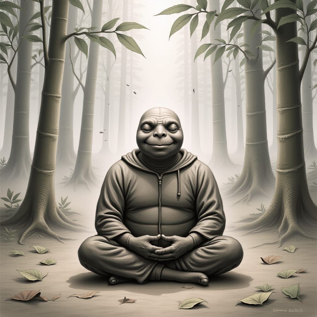 Meditating Turtle in Bamboo Forest: Ink Wash Painting