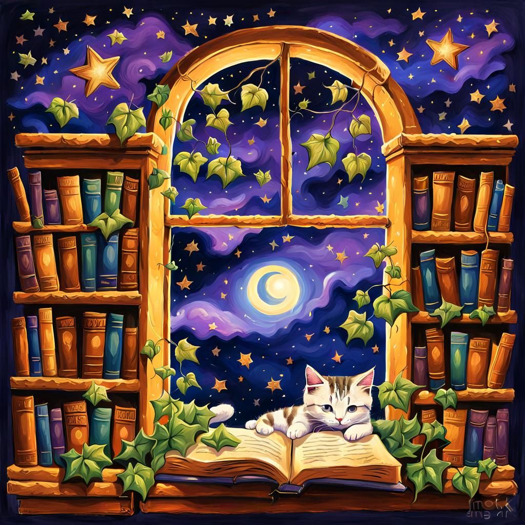Cats in a Bookshop: Whimsical Oil Painting