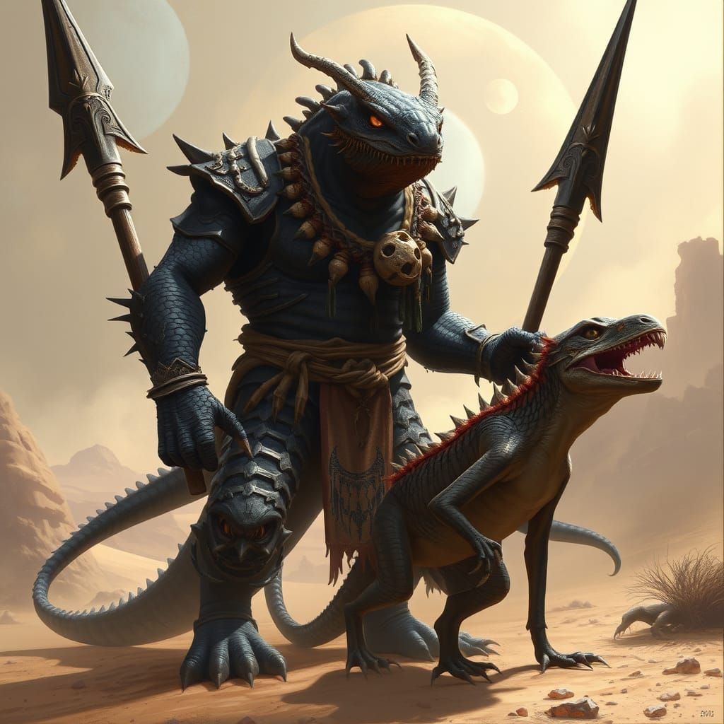 Lawful Lizardfolk Ranger in Primal Desert Landscape