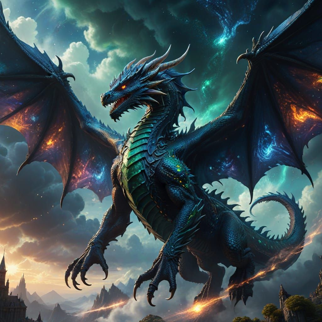 Majestic Dragon Soars Through Mystical Stardust Sky
