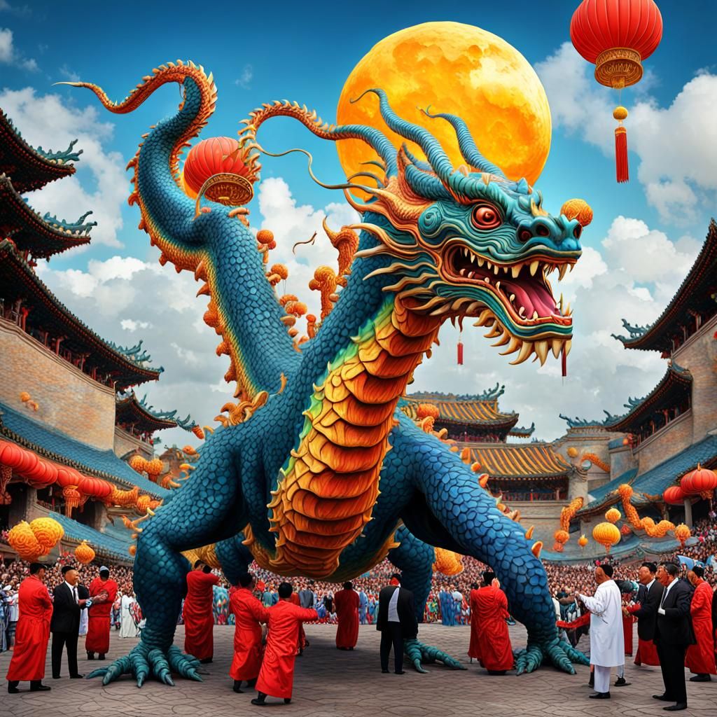 Chinese Dragon Dance Carnival: Surreal Digital Painting