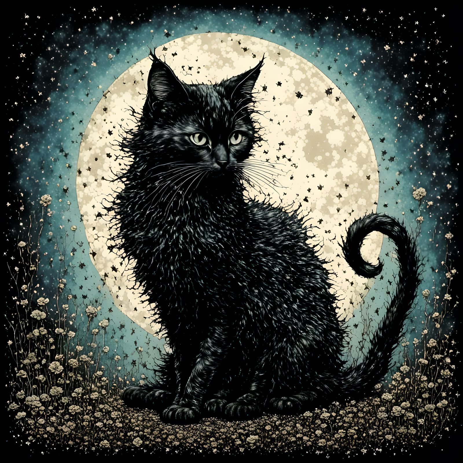 Dark Fantasy Cat Illustration with Poison Ivy