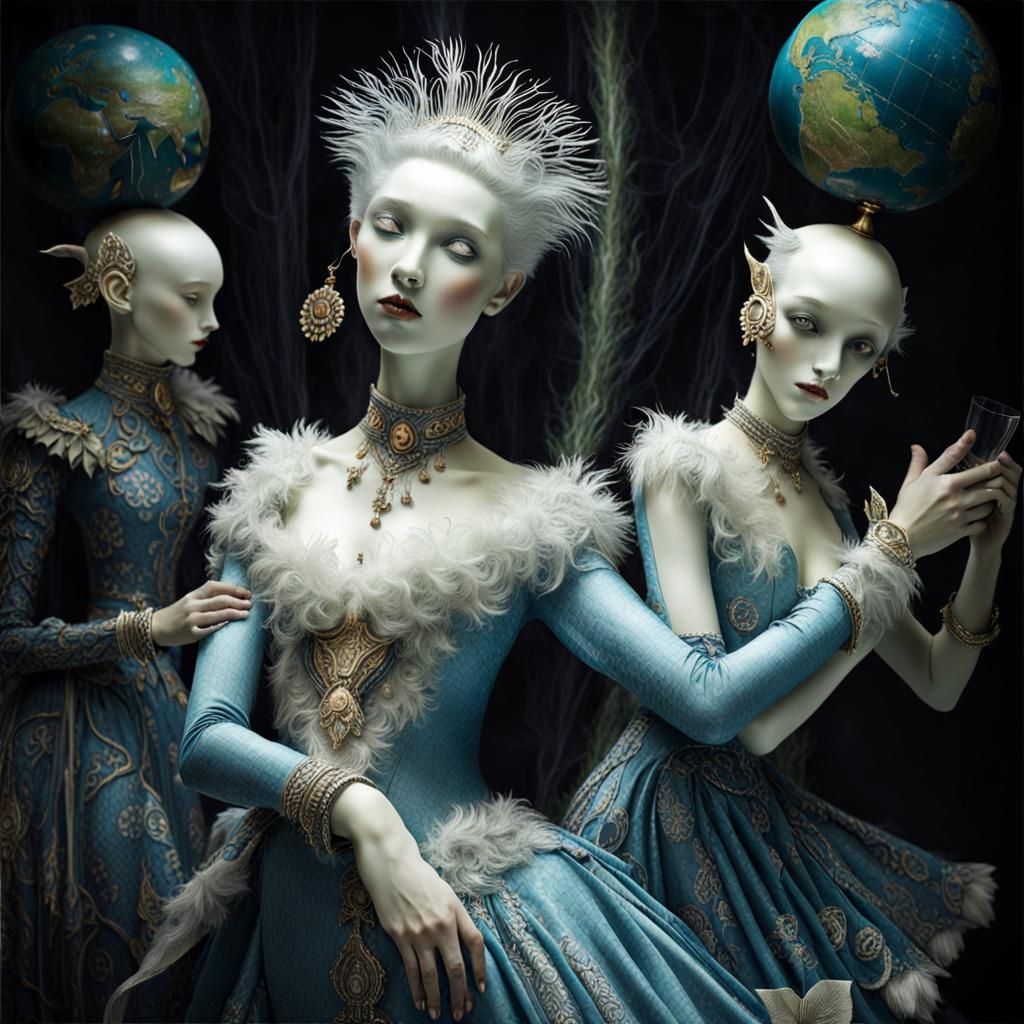 Surreal Restaurant Scene with Beautiful Aliens