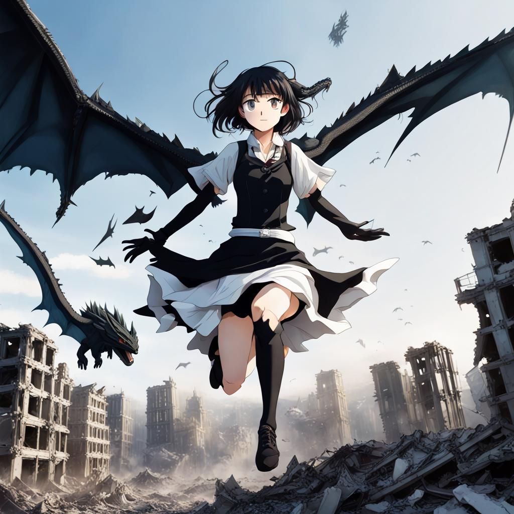 Anime Girl with Dragon Wings Over Ruined City