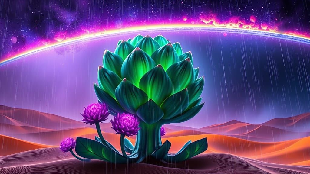 Majestic Emerald Artichoke Illuminated in Neon Storm