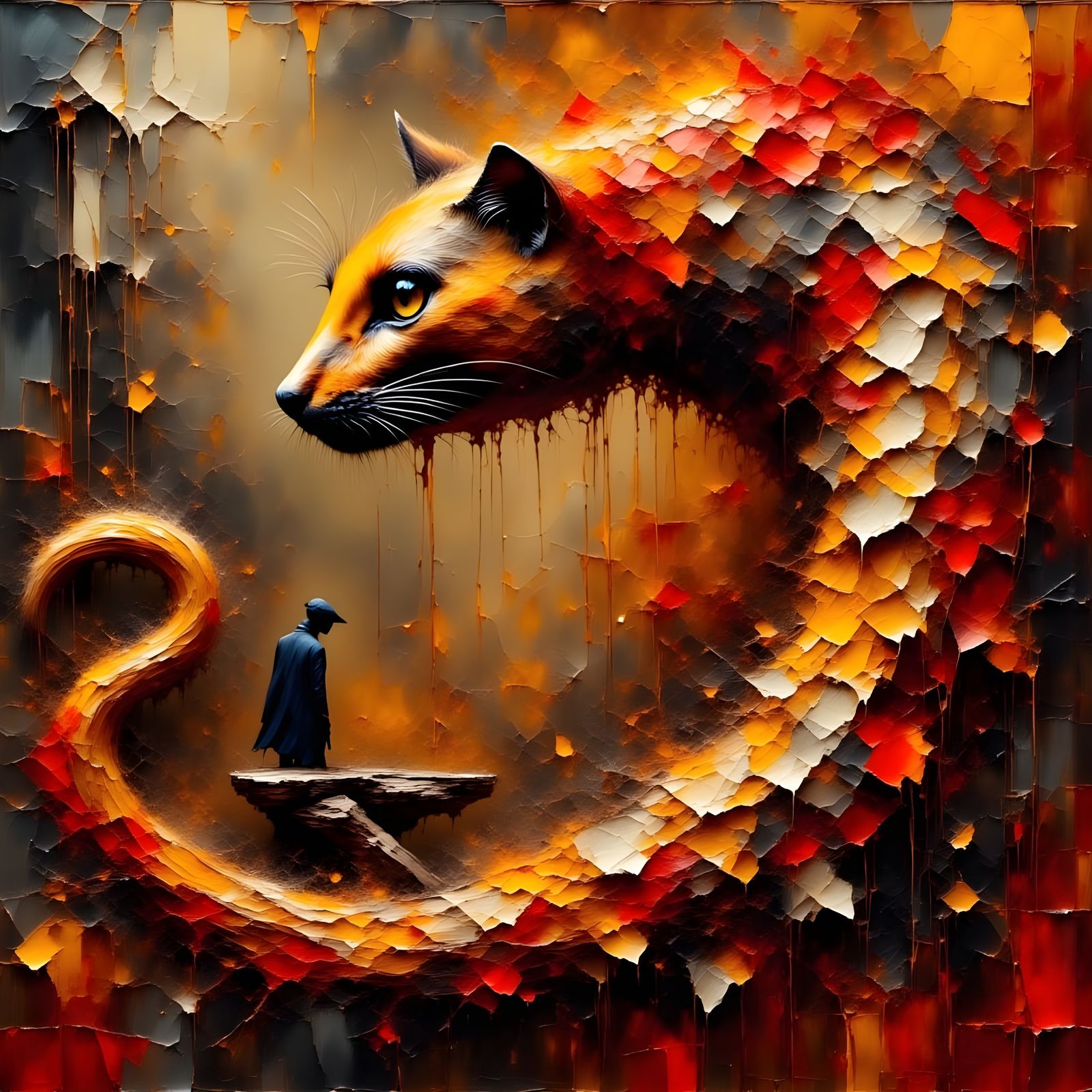 Autumn Leaf Cat in Oil Colored Smoke, Grunge Impasto Style