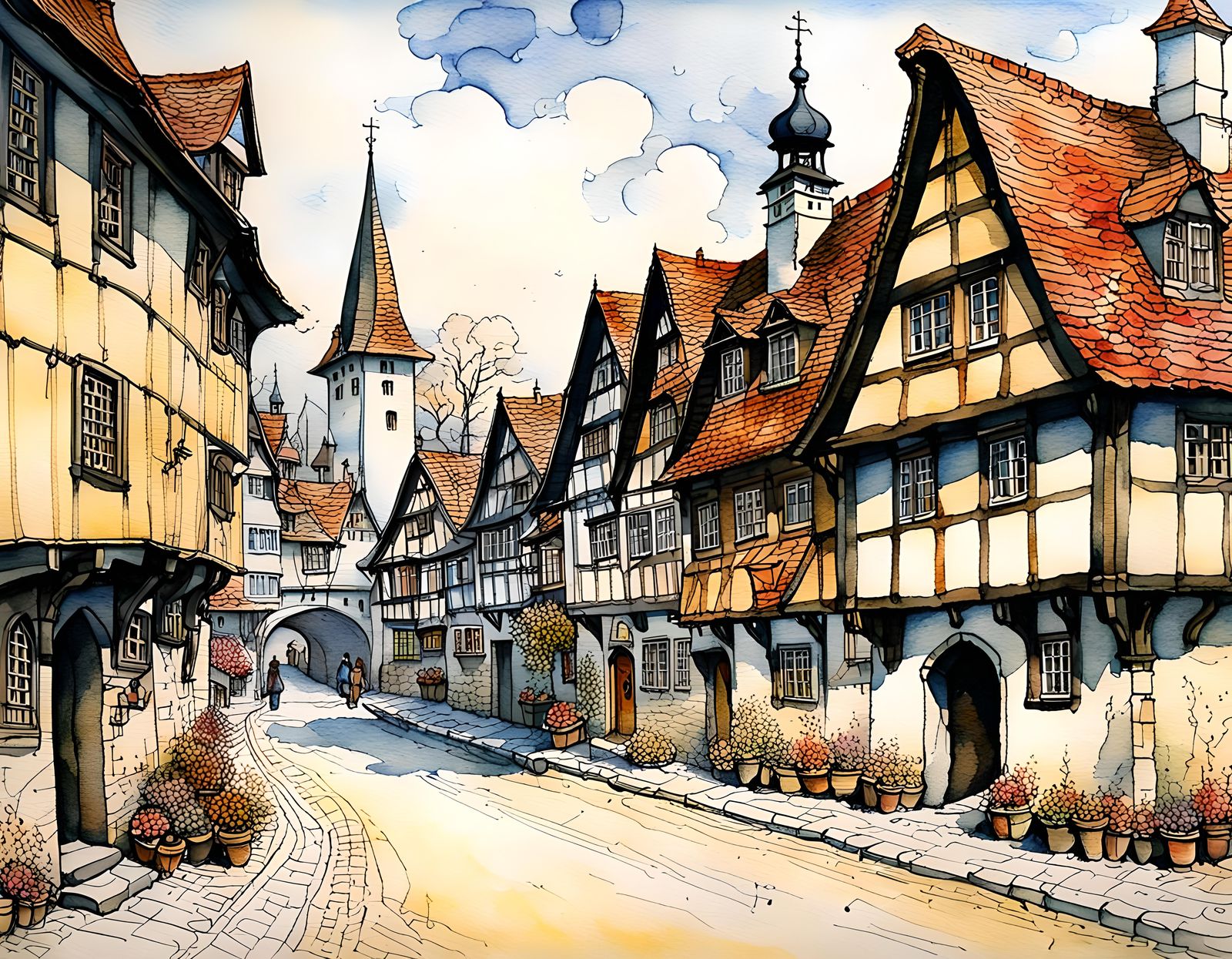 German Renaissance Village Spring Watercolour Painting