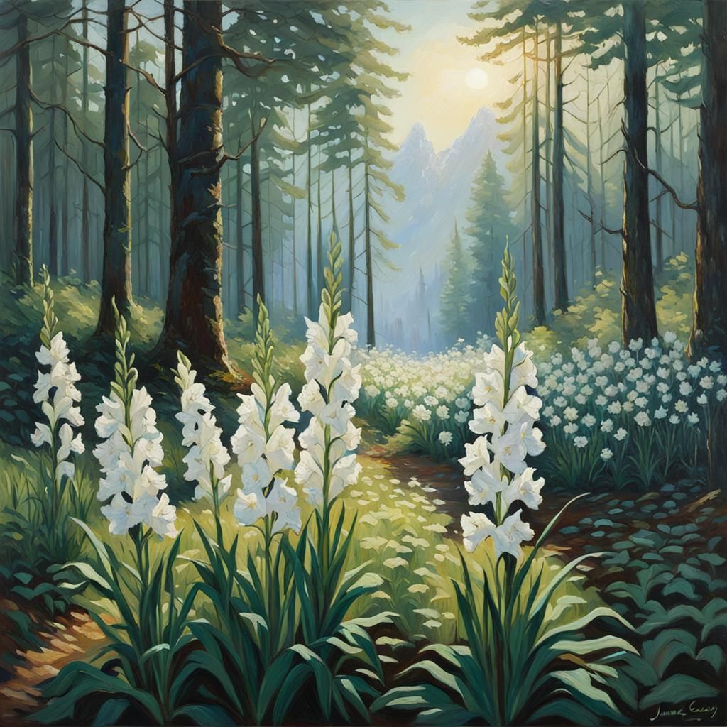 Gladiolus Flowers at Sunrise, Oil Painting