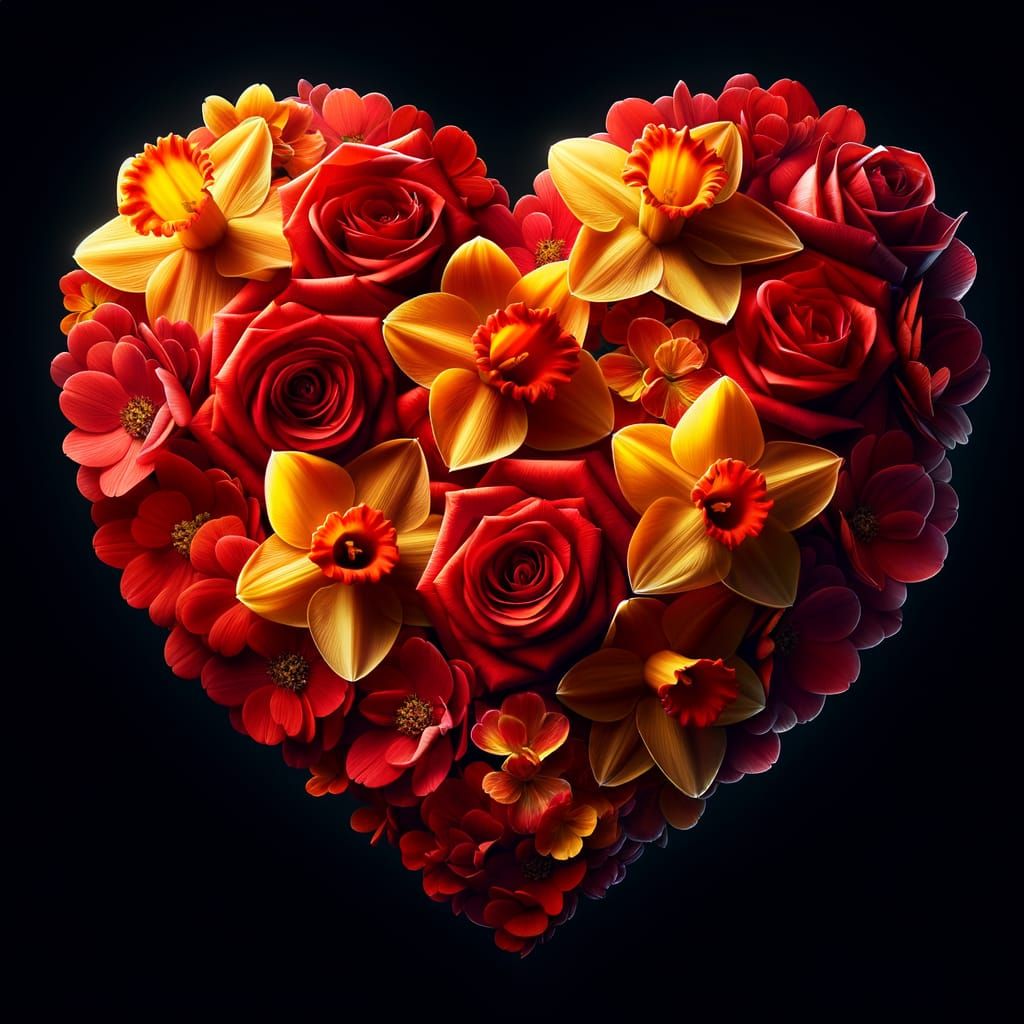 Floral Heart Made of Red Roses and Daffodils